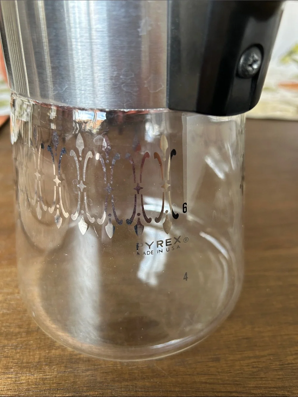 Pyrex MCM vintage Clear Glass Coffee Server with Black Handle and Silver Band